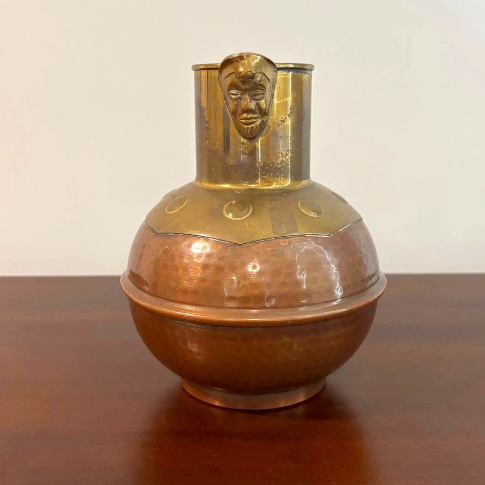 Vintage Mican Hand Hammered Copper/Brass Water Pitcher Medusa Spout Belgium 6.75